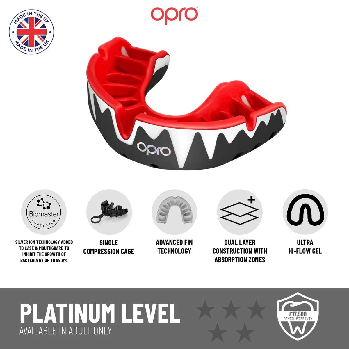 Black/White/Red Opro Platinum Fangz Self-Fit Mouth Guard - Image 3